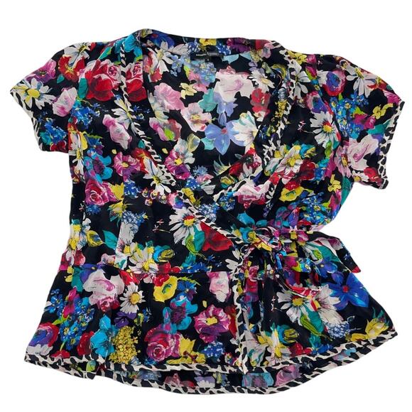 Nanette Lepore Shirt Womens 6 Black Multicolor Floral Boquet Wrap Top - Picture 2 of 13